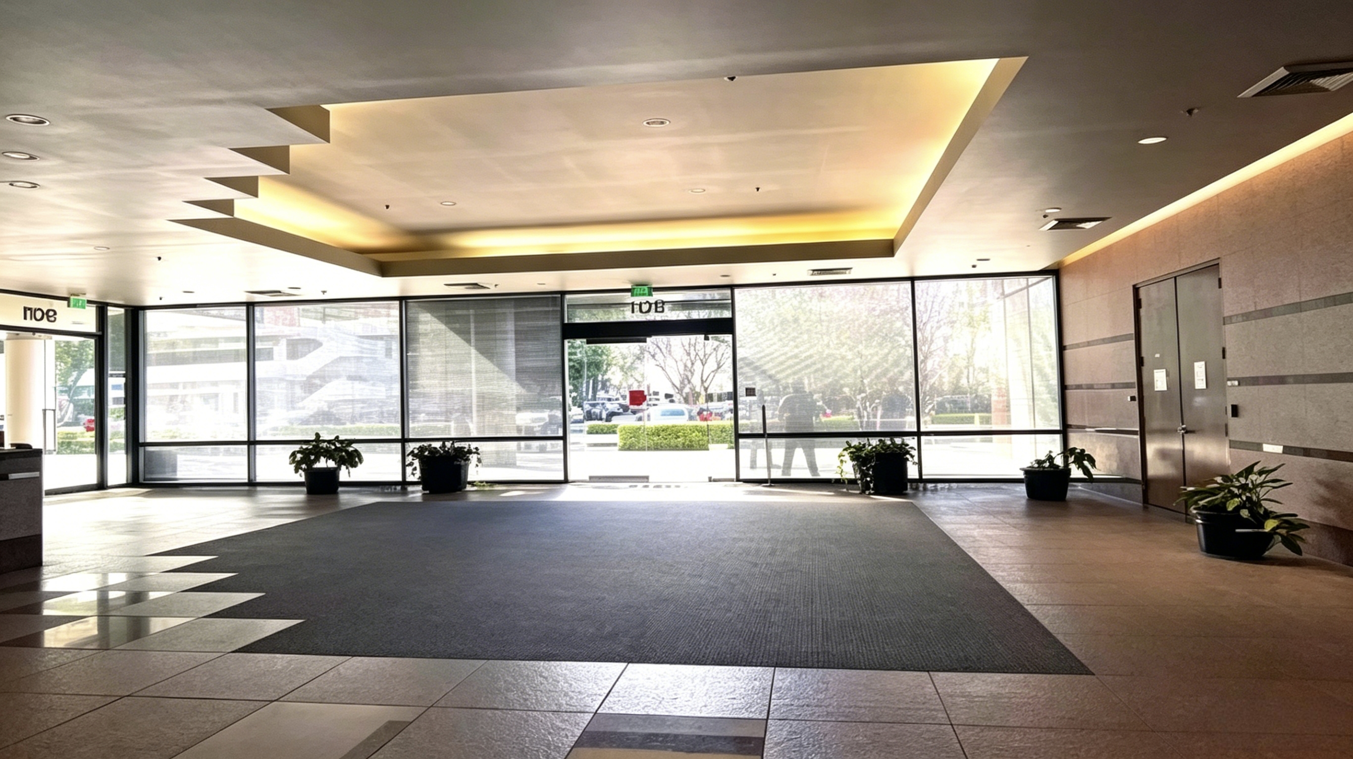 Building entrance foyer with floor-to-ceiling windows
